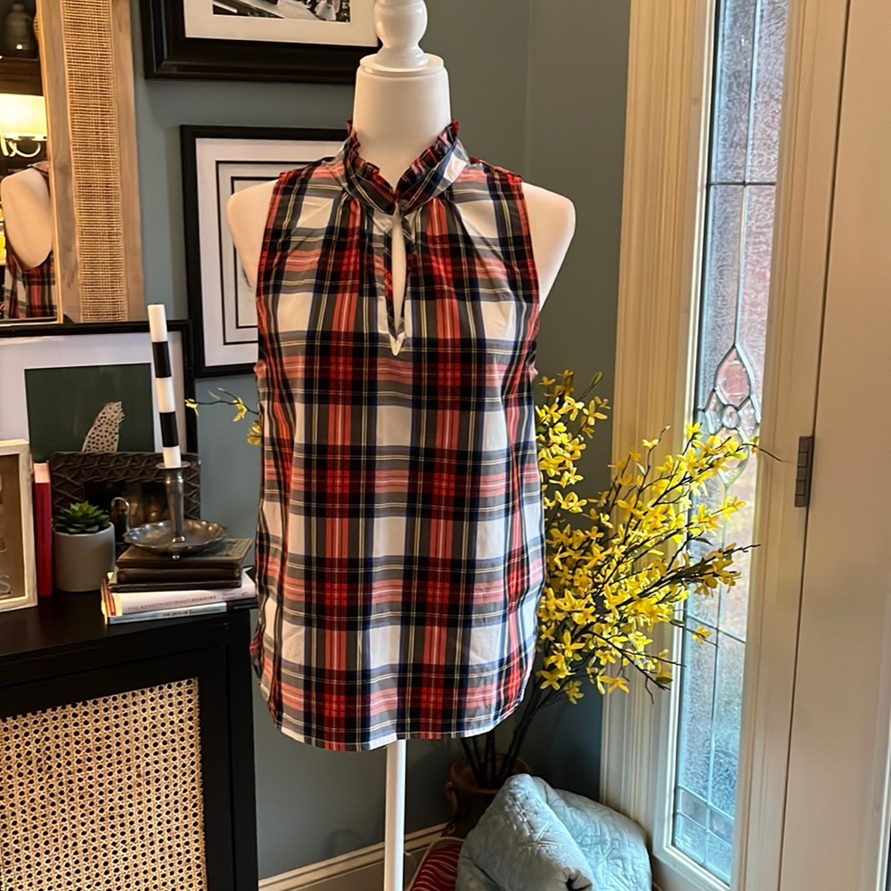 J. Crew Tartan Plaid Sleeveless Ruffle Collar Shirt